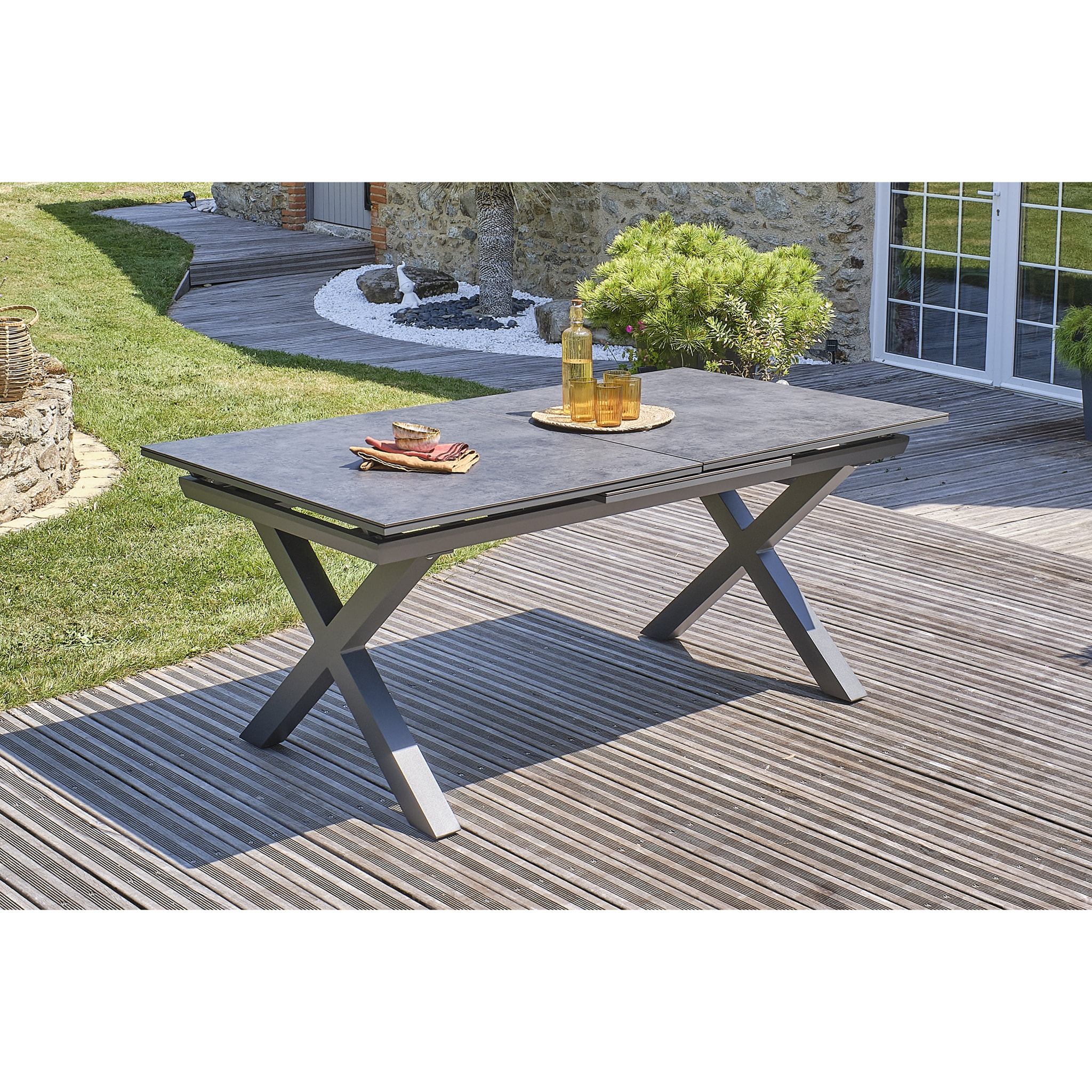 FLORIDE - Table de jardin alu plateau céramique sur verre
