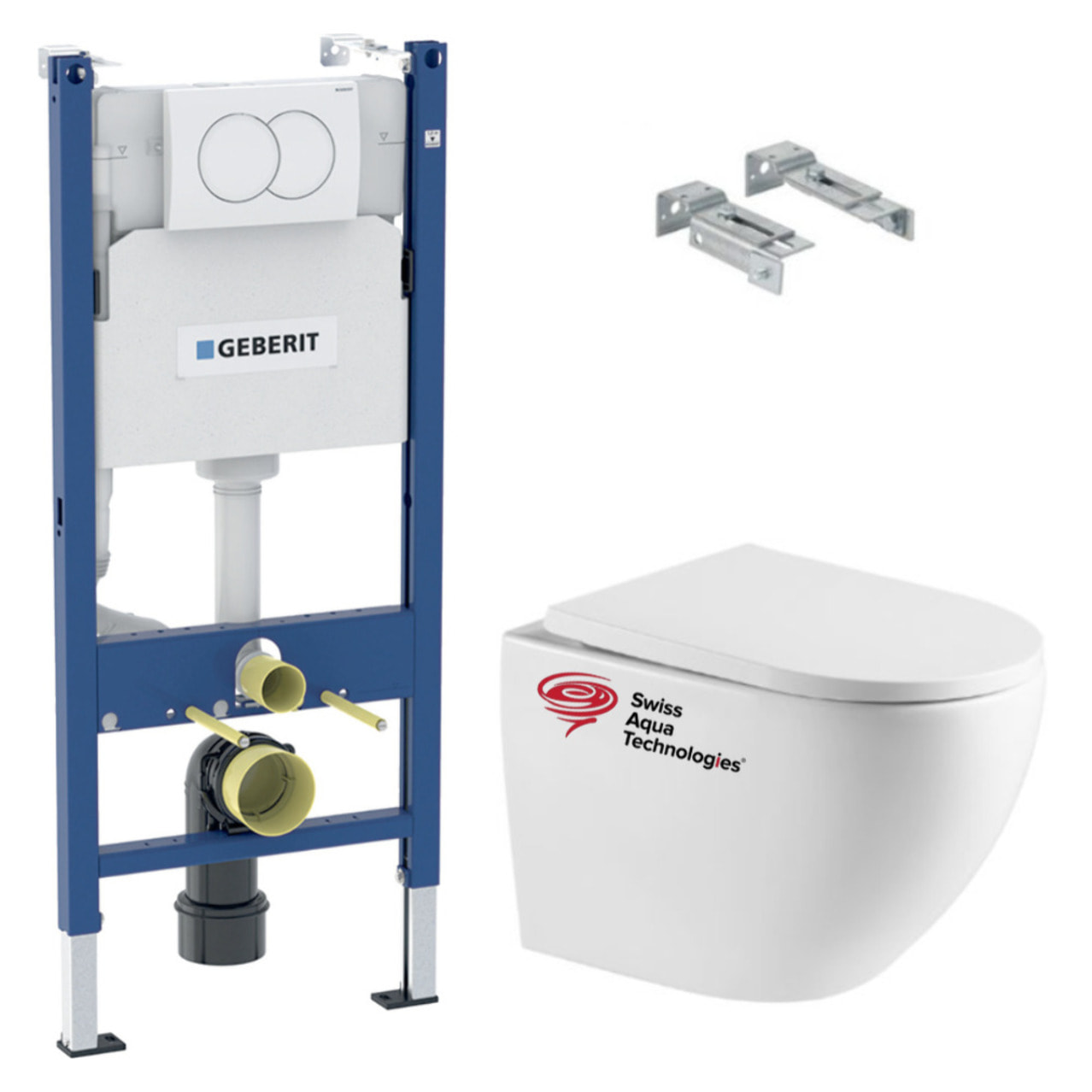 Pack WC sans bride Vortex, fixations invisibles + Abattant softclose + Bâti support Geberit UP100 + Plaque blanche