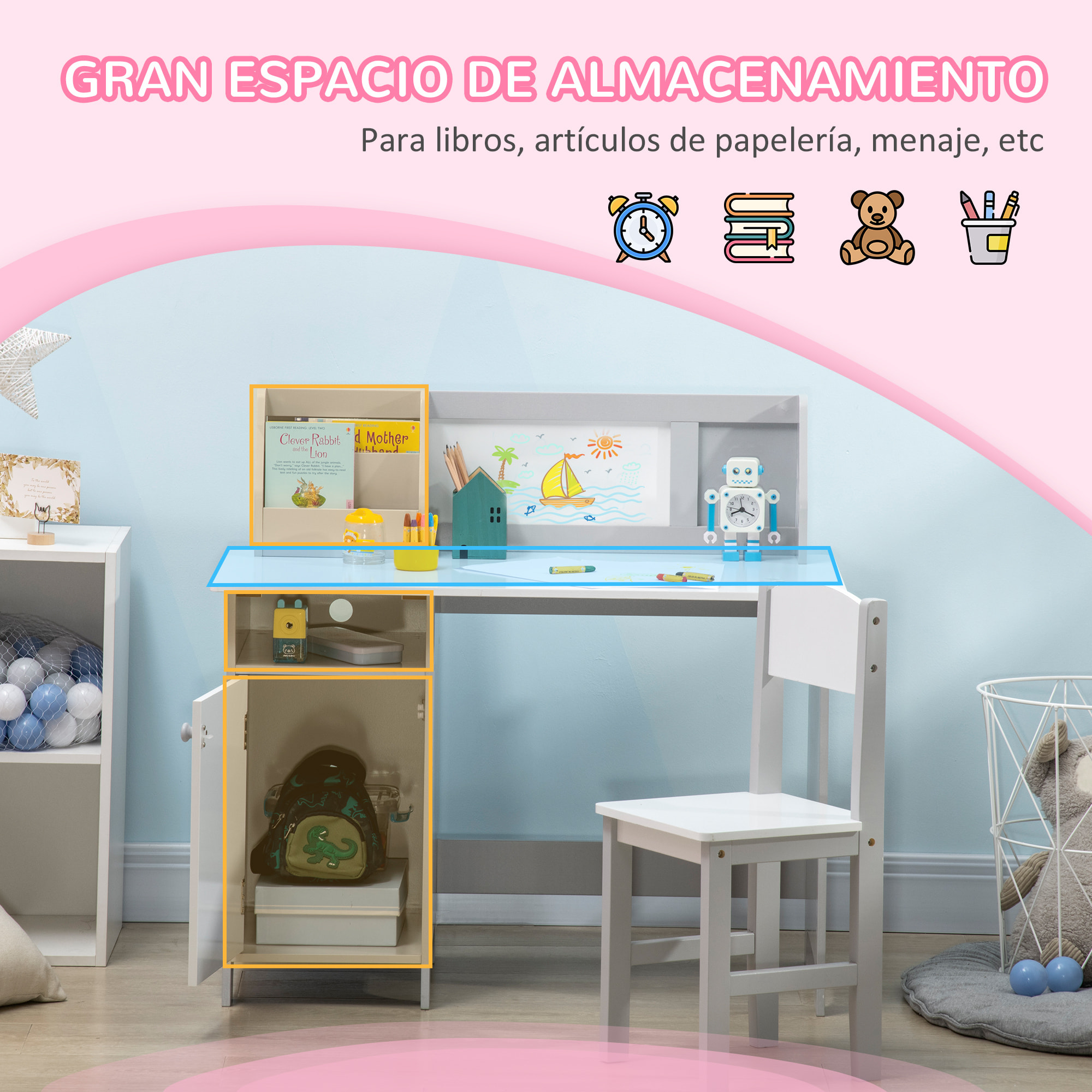 Juego de Mesa y Silla Infantil de Madera con Pizarra Blanca Mesa de Estudio para Niños de +5 Años Mueble Escritorio Infantil 90x45x85 cm Gris