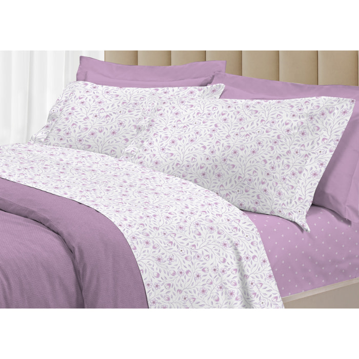 Completo Lenzuola Linea 3027 In Percalle Fantasia Floreale Disegno Melody Rosa