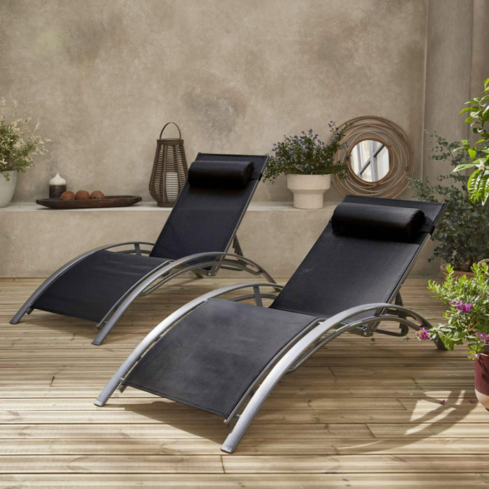 Duo de bains de soleil aluminium - Louisa Gris et noir - Transats aluminium et textilène