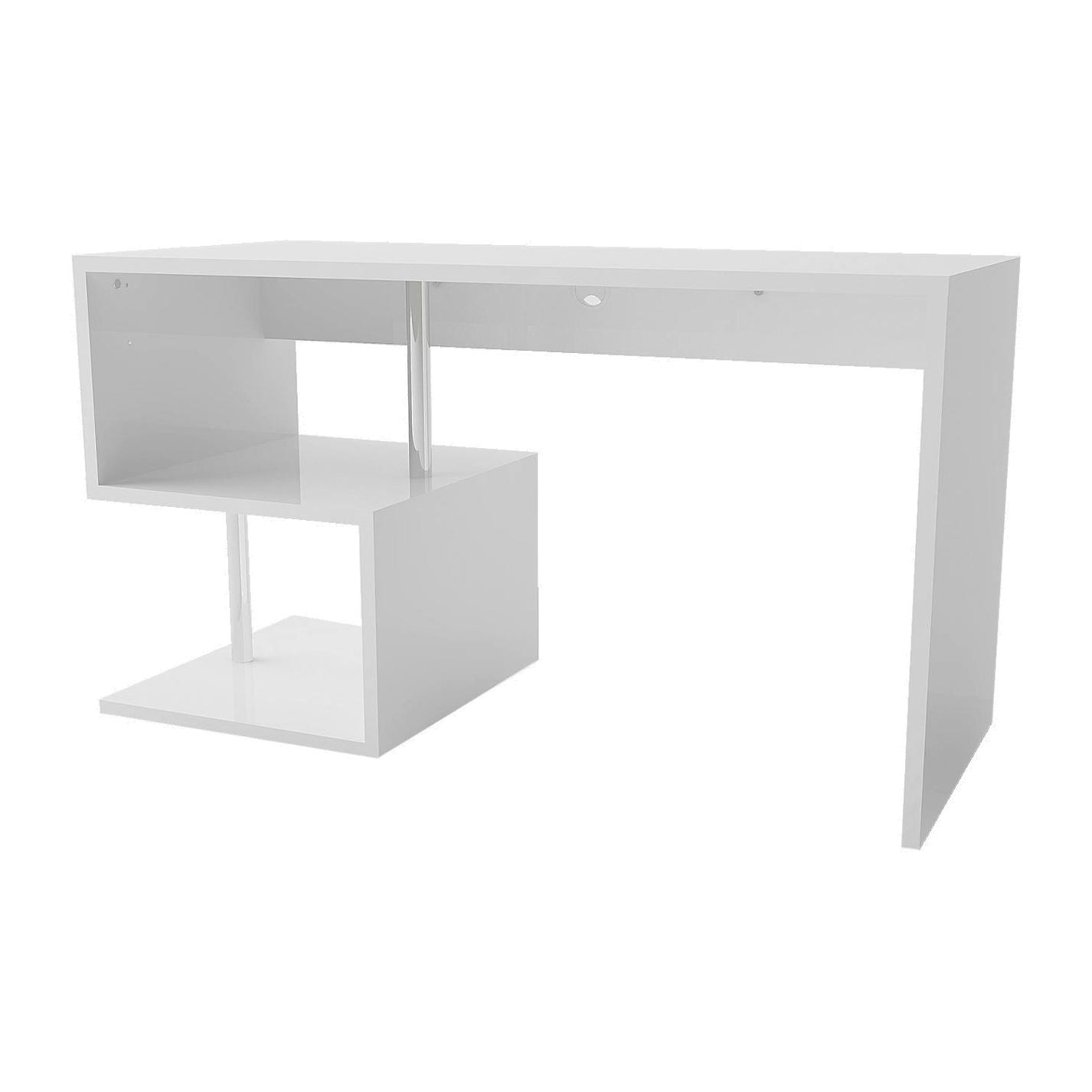 Scrivania moderna ad Esse per ufficio e studio con scaffale, Made in Italy, Tavolo da computer, Scrittoio porta PC, cm 140x60h78, colore Bianco lucido