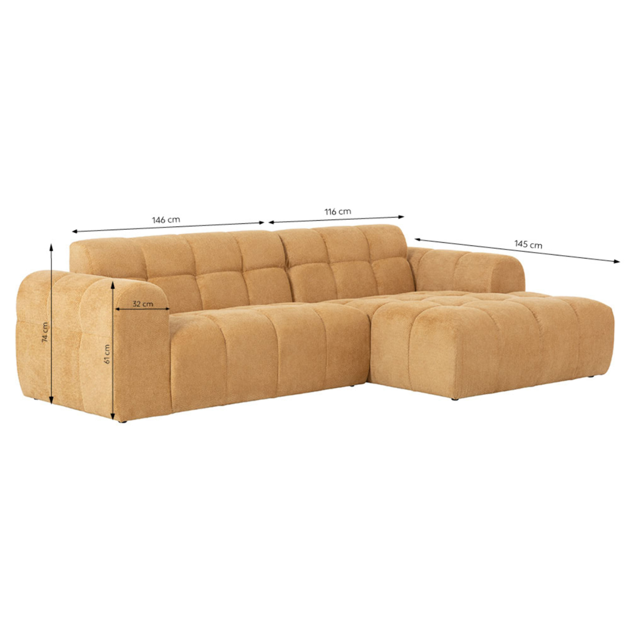 ALINE Canapé d'angle 3/4 places nuage en velours moutarde