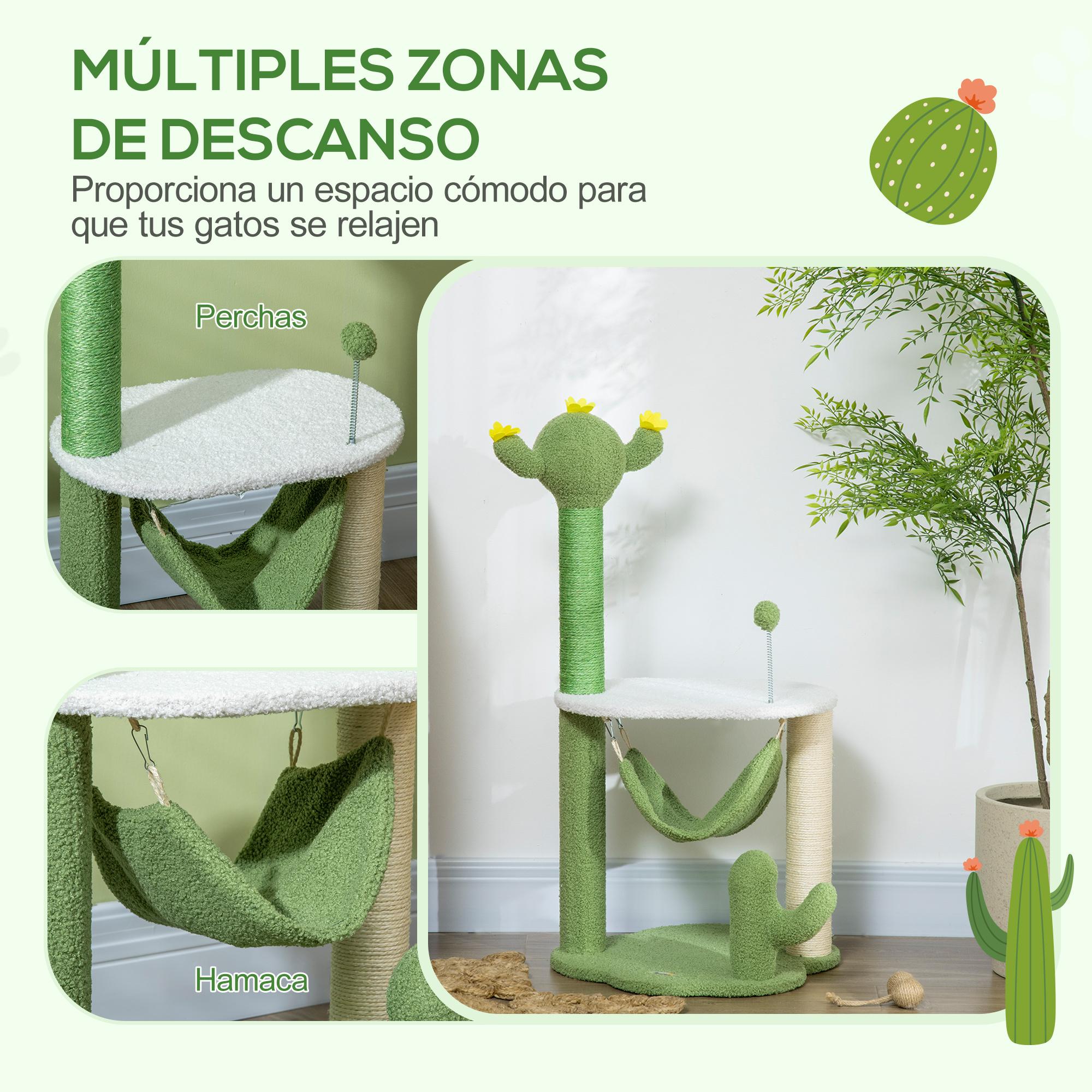 Árbol Rascador para Gatos con Forma de Cactus Altura 90 cm Torre para Gatos con Hamaca Plataforma Postes de Sisal y Bola Divertida 45x45x90 cm Verde