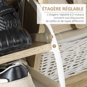 Meuble à chaussures design scandinave placard 3 portes 3 étagères niche piètement effilé incliné bois panneaux aspect chêne clair