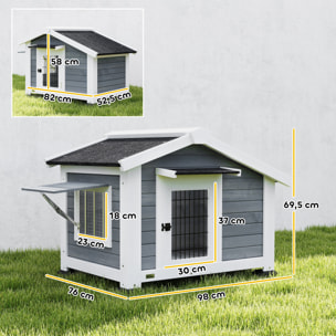 Caseta para Perros Exterior de Madera, Casa para Perros Medianos con Techo Asfático, Suelo Extraíble, Ventana Abatible y Puerta Ventilada, Base Elevada, 98x76x69,5 cm, Gris