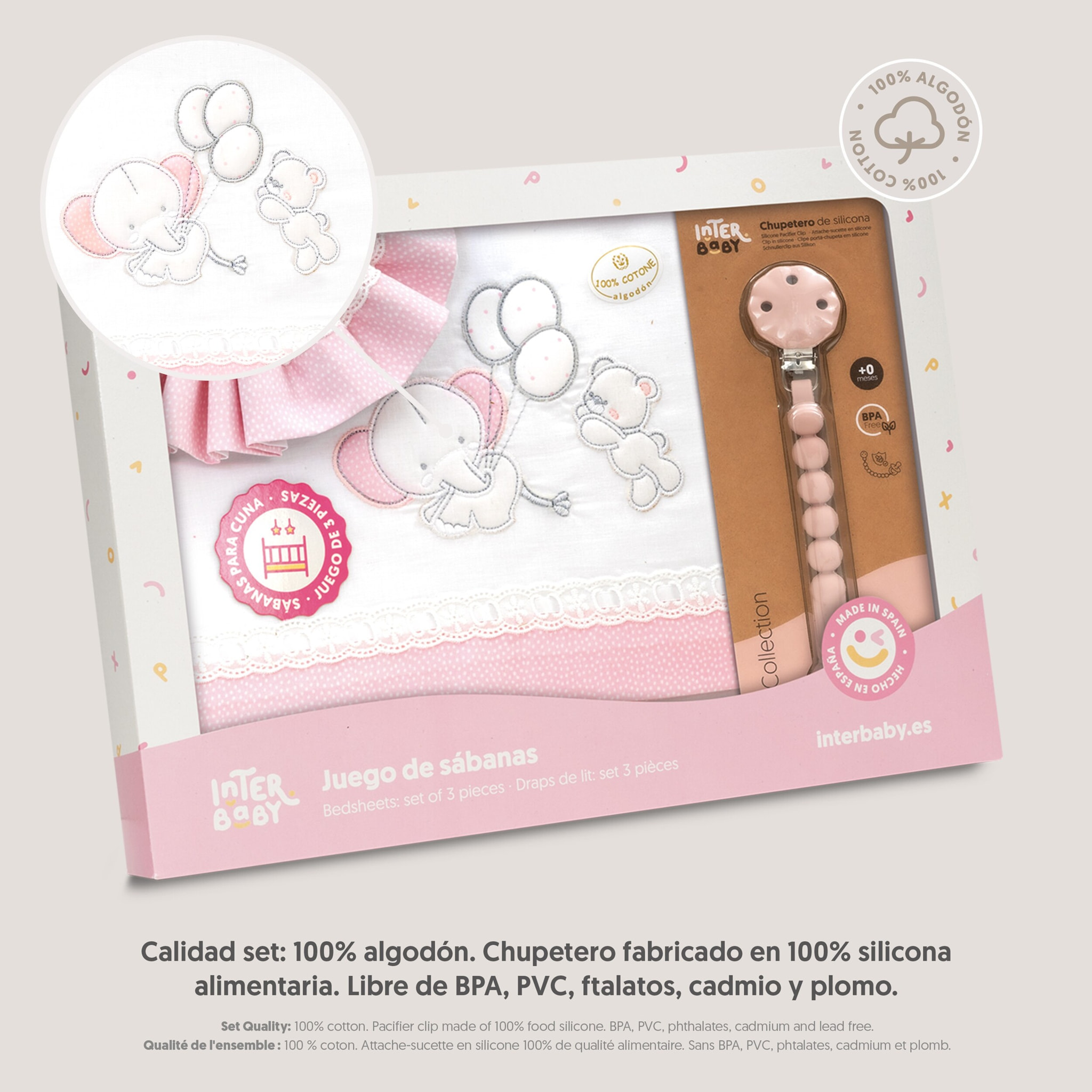 Triptico Cuna Pasacinta Oso Elefante Globos +Broche Bco/Rosa
