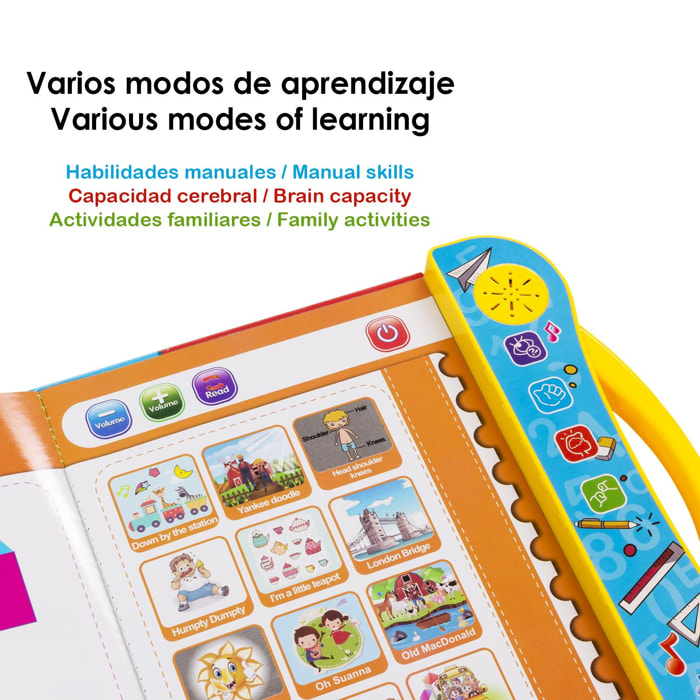 Study Book, libro electrónico educativo con sonidos, en inglés. Actividades matemáticas, lengua, creativas.