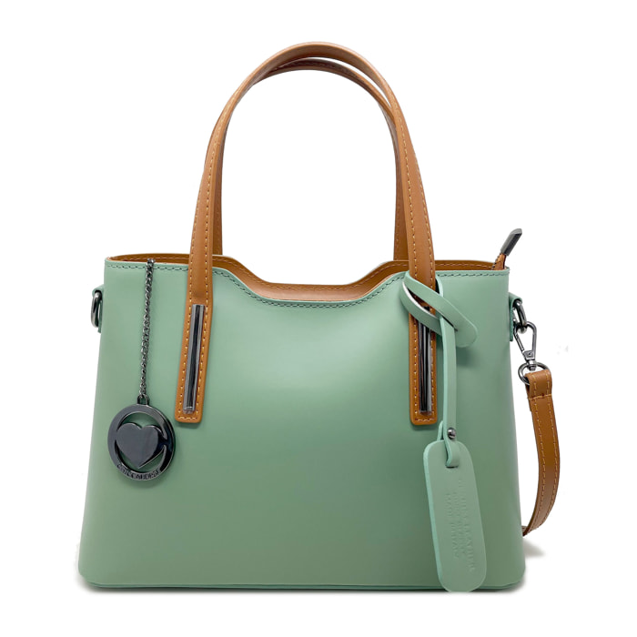 Chicca Borse - Borsa a Mano Donna in Vera Pelle - Colore Salvia - Cuoio