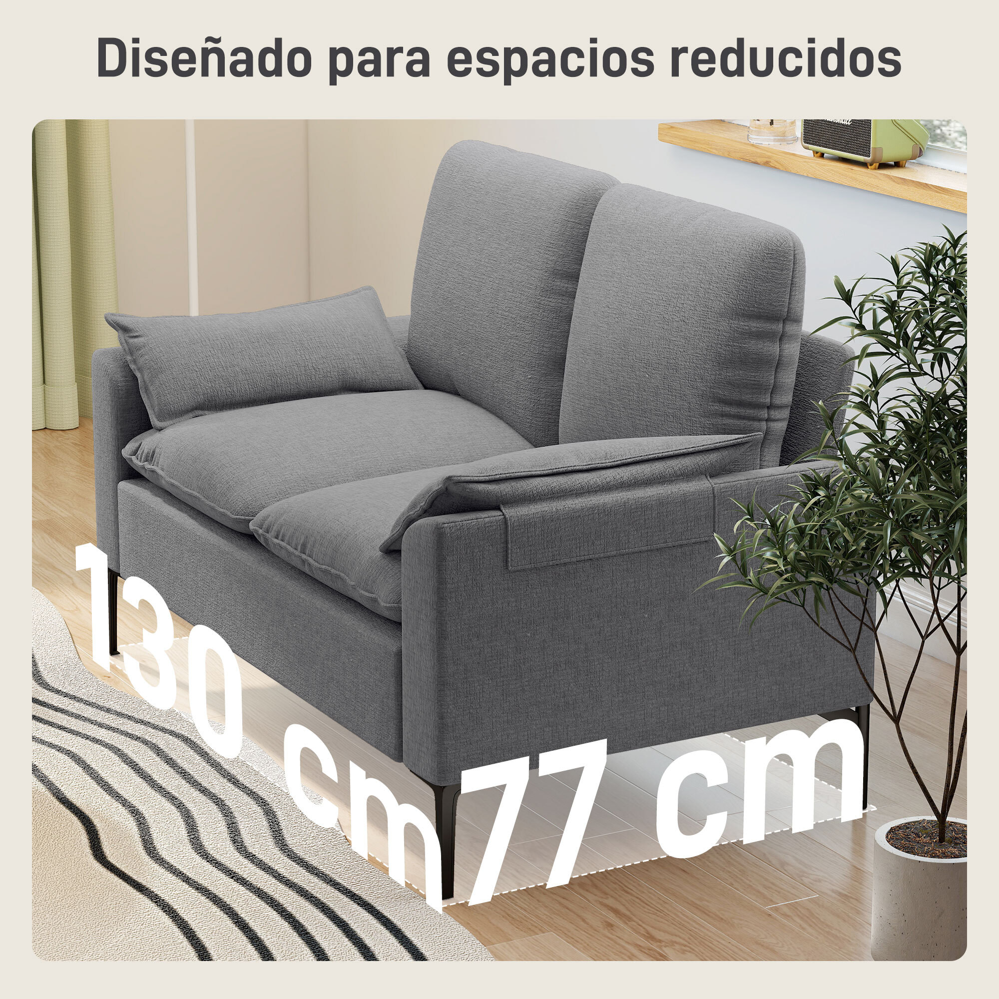 Sofá de 2 Plazas, Tapizado en Terciopelo, Sofá Moderno con Patas de Metal, Reposabrazos Acolchado, para Salón, Dormitorio, Oficina, Sala de Estar, 130x77x84 cm, Gris