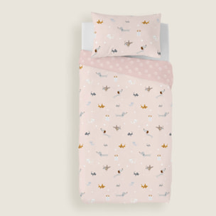 Funda Nórdica Estampada - Reversible - Infantil - Cierre Solapa - 100% Algodón - Incluye 1 Funda de Almohada - Amigos Peludos