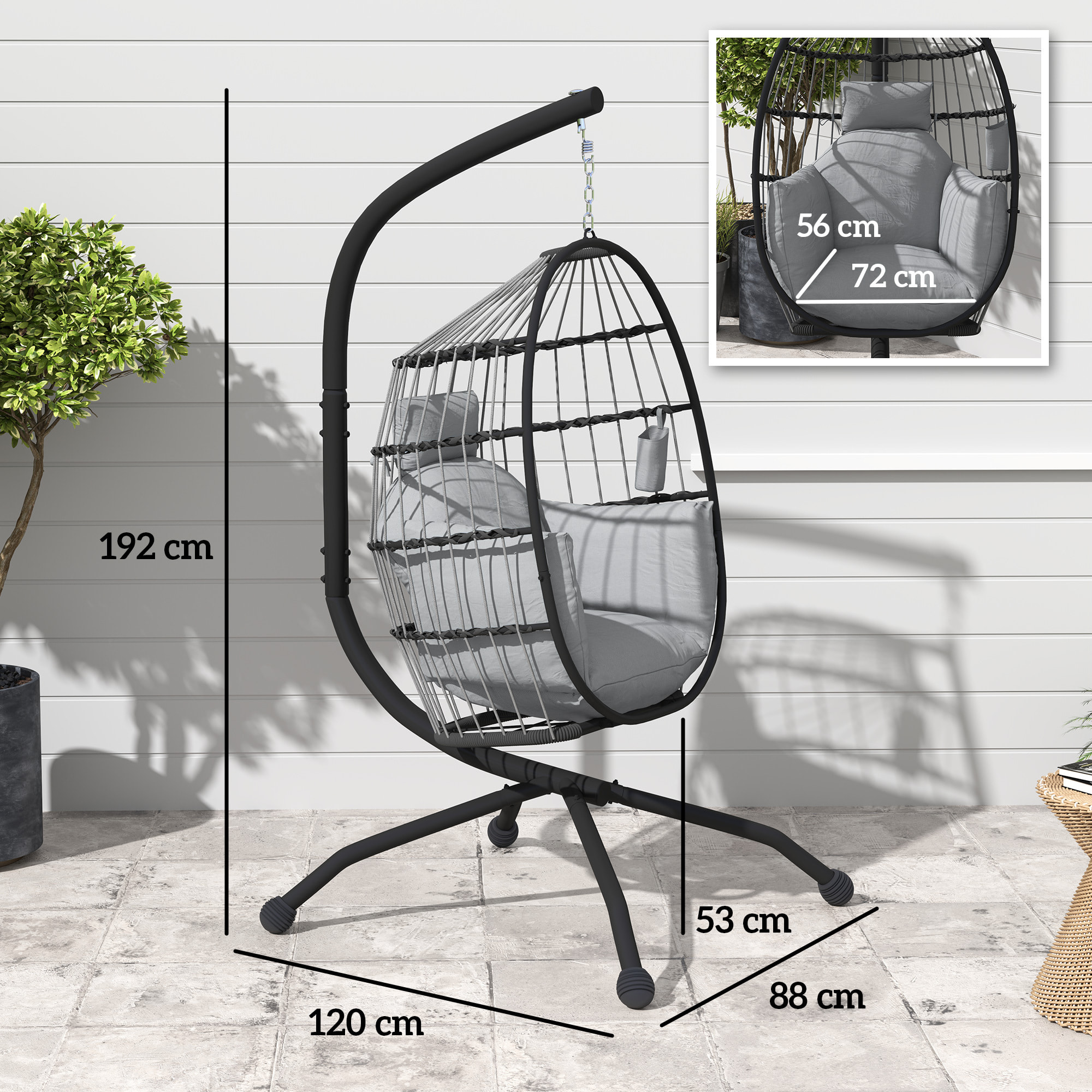 Silla Colgante Huevo con Soporte Columpio Jardín Exterior con Cesta Plegable Cojín y Reposacabezas Portavaso Columpio Colgante para Interior y Exterior Carga 120 kg Gris