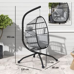 Silla Colgante Huevo con Soporte Columpio Jardín Exterior con Cesta Plegable Cojín y Reposacabezas Portavaso Columpio Colgante para Interior y Exterior Carga 120 kg Gris