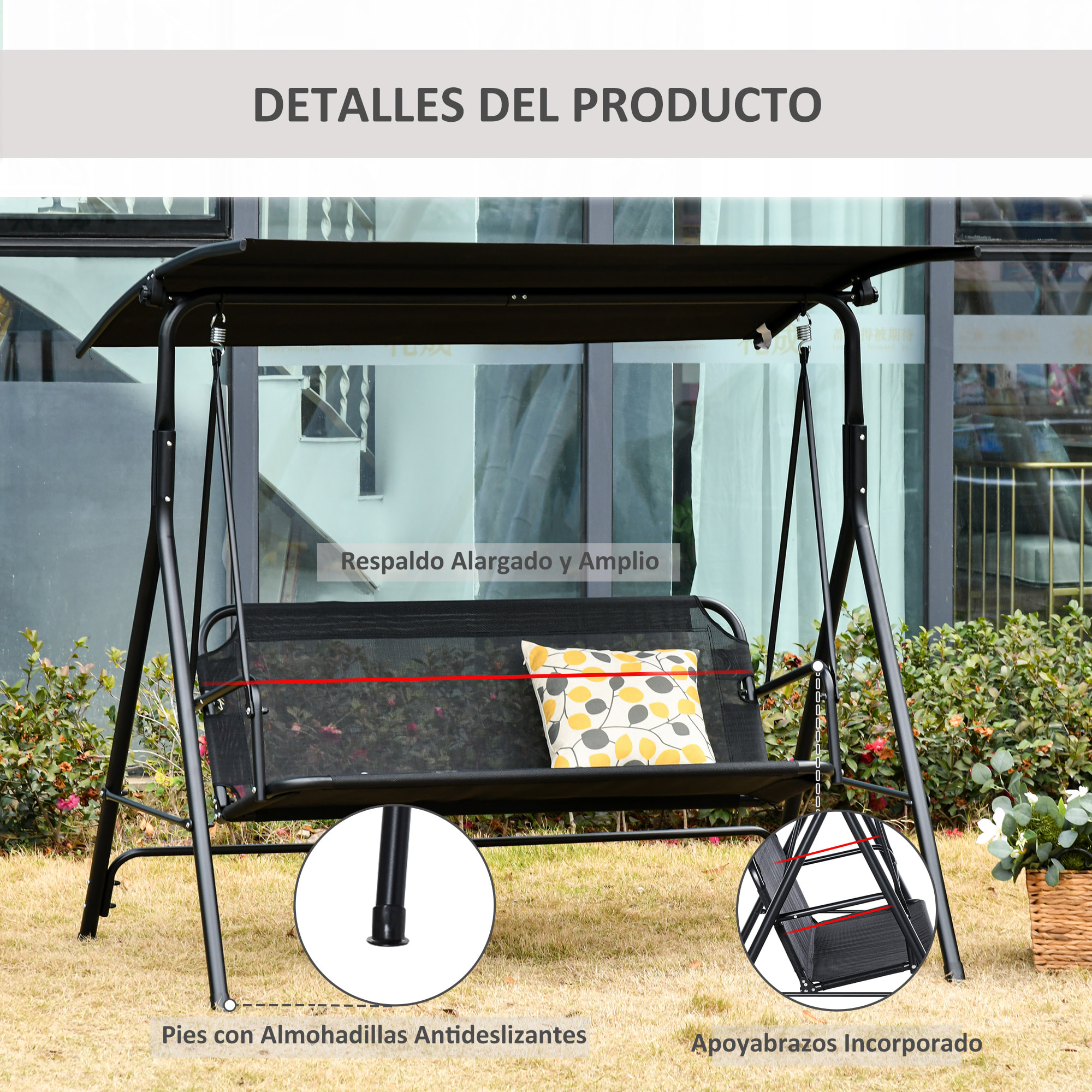 Columpio de Jardín 2 Plazas Silla Balancín Techo Ajustable 172x110x155cm Negro