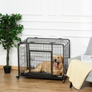 Cage chiens pliable sur roulettes 2 portes verrouillables métal gris noir