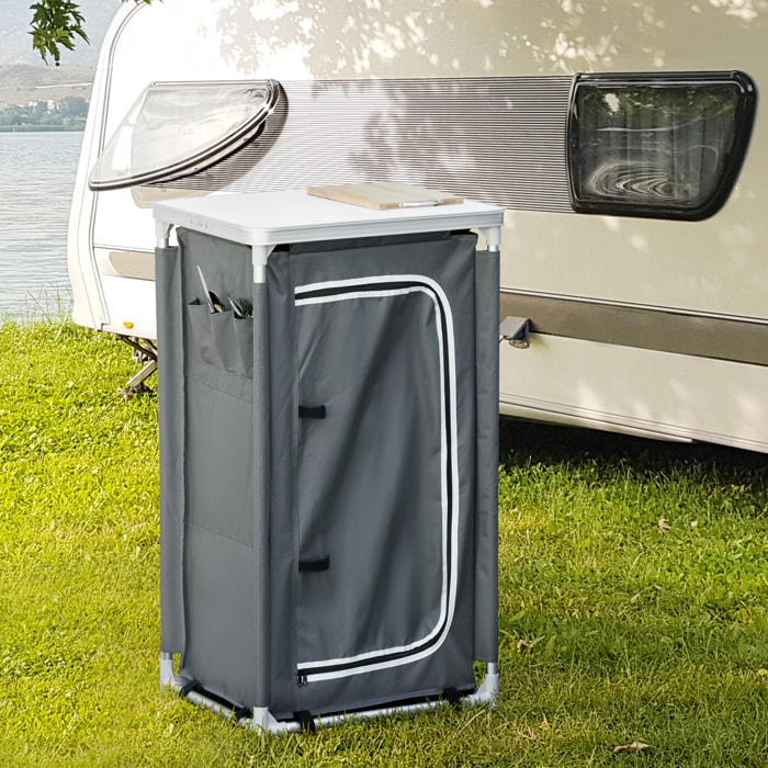 Rangement cuisine de camping pliable avec sac transport - 2 étagères - alu polyester gris