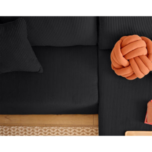 Topaze - canapé d'angle réversible 4 places - convertible avec coffre, tablette et poufs - en velours côtelé - Noir