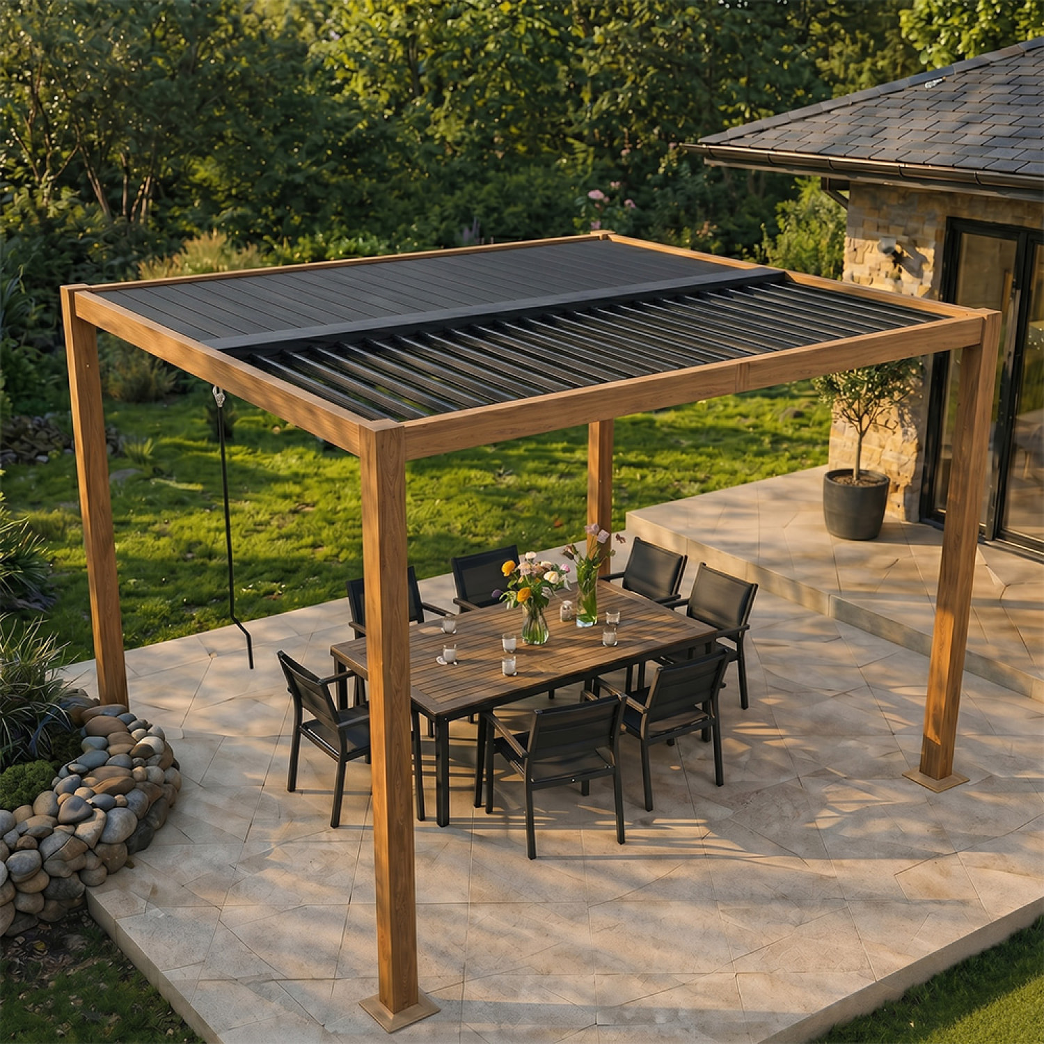 Pergola bioclimatique structure aluminium effet bois lames orientables 3x3m MILL