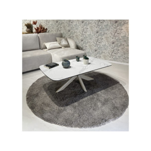 Table basse 130 cm en céramique blanc pied croix métal beige - LOTUS