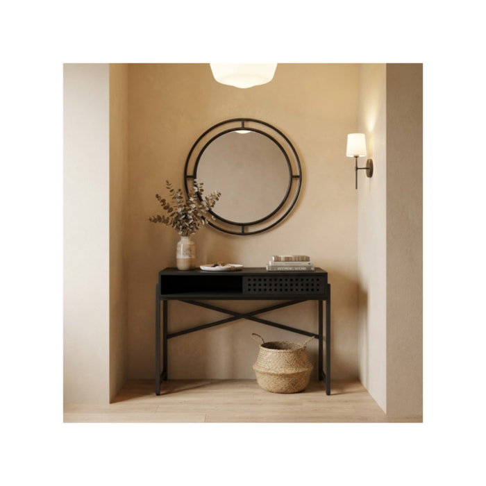 Console industrielle bois et métal noir avec porte coulissante ajourée 110 cm - MALIA