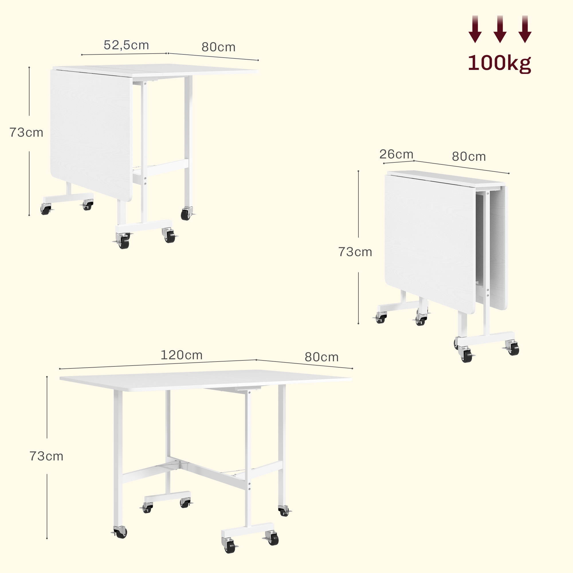 Mesa Plegable de Comedor para 4-6 Personas Mesa de Comedor Plegable con Ruedas y Alas Abatibles Mesa Abatible para Cocina Salón 120x80x73 cm Blanco