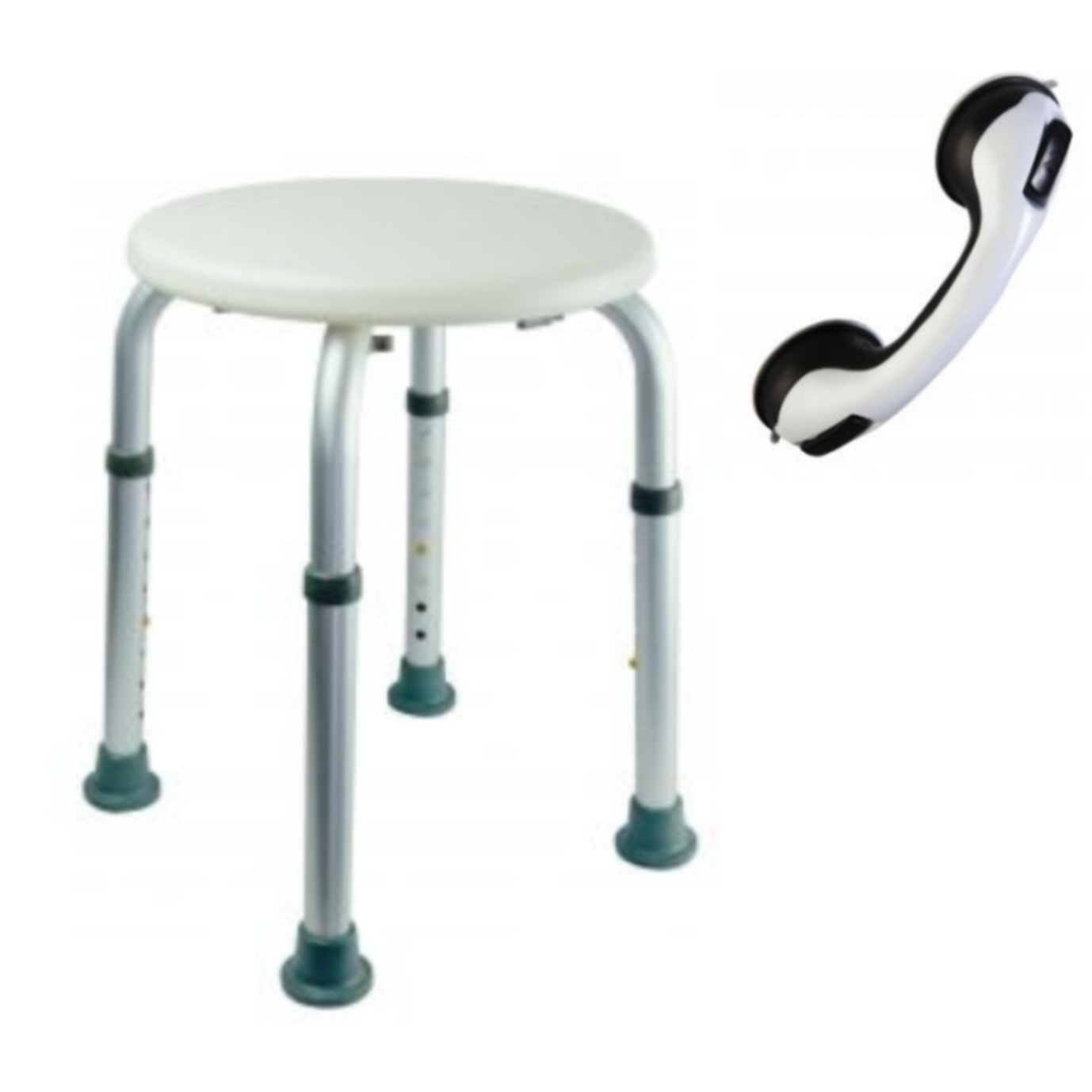 Tabouret de douche PMR PELLET Essentiel rond hauteur réglable + Barre à ventouse de maintien PMR PELLET 30 cm