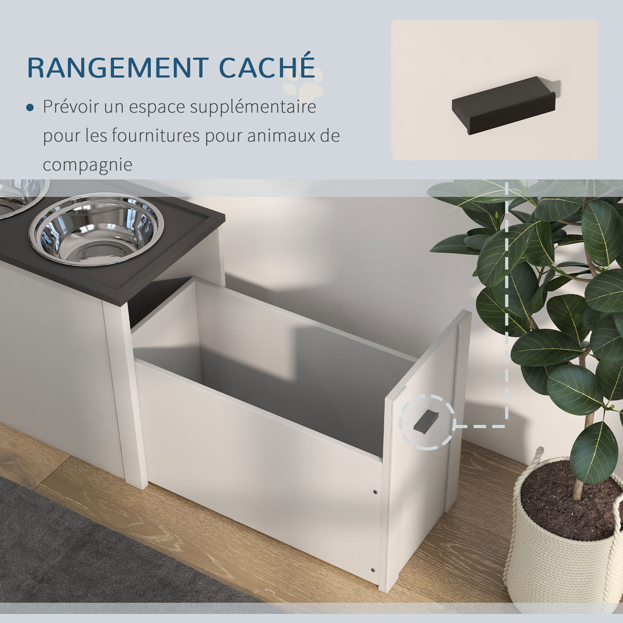 Gamelle double chien - porte-gamelles surélevé rangement 2 en 1 - tiroir, 2 gamelles - acier inox. MDF gris blanc