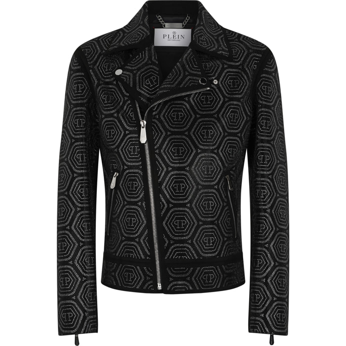 PHILIPP PLEIN Suede Biker Jacket Monogram Stones