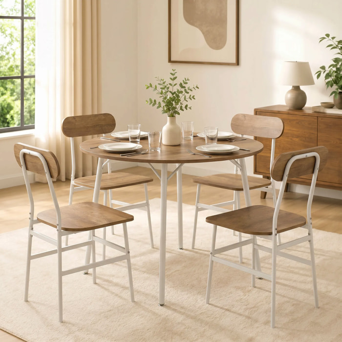 Juego de Mesa y Sillas de Comedor Compact 5 Piezas, Mesa de Cocina Redonda con 4 Sillas, Estilo Industrial, Marco Metálico, para Espacios Pequeños, Salón, Mesa Ø100x77 cm, Natural y Blanco