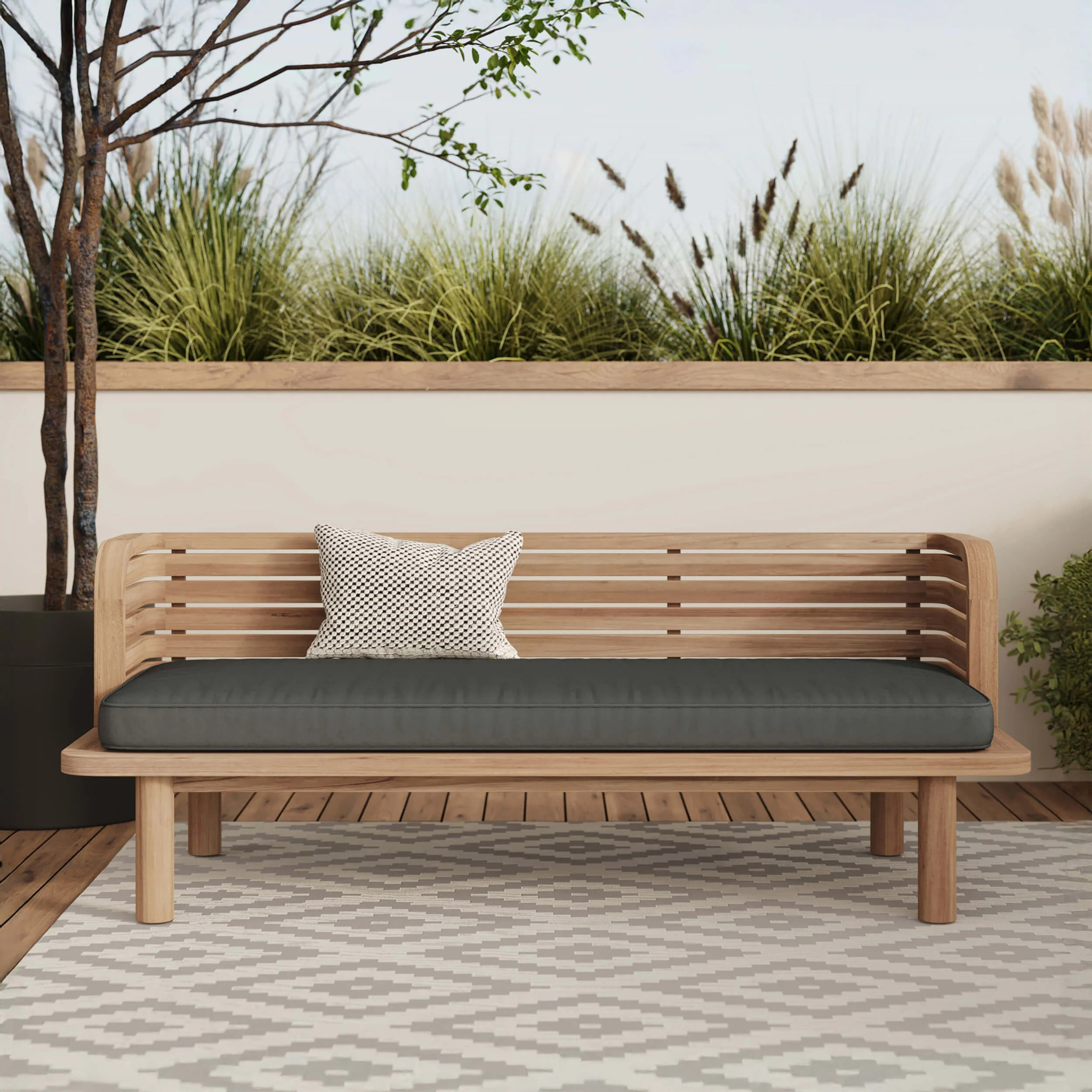 Canapé et fauteuil de jardin 3 places en teck massif, tissu gris - Kilda