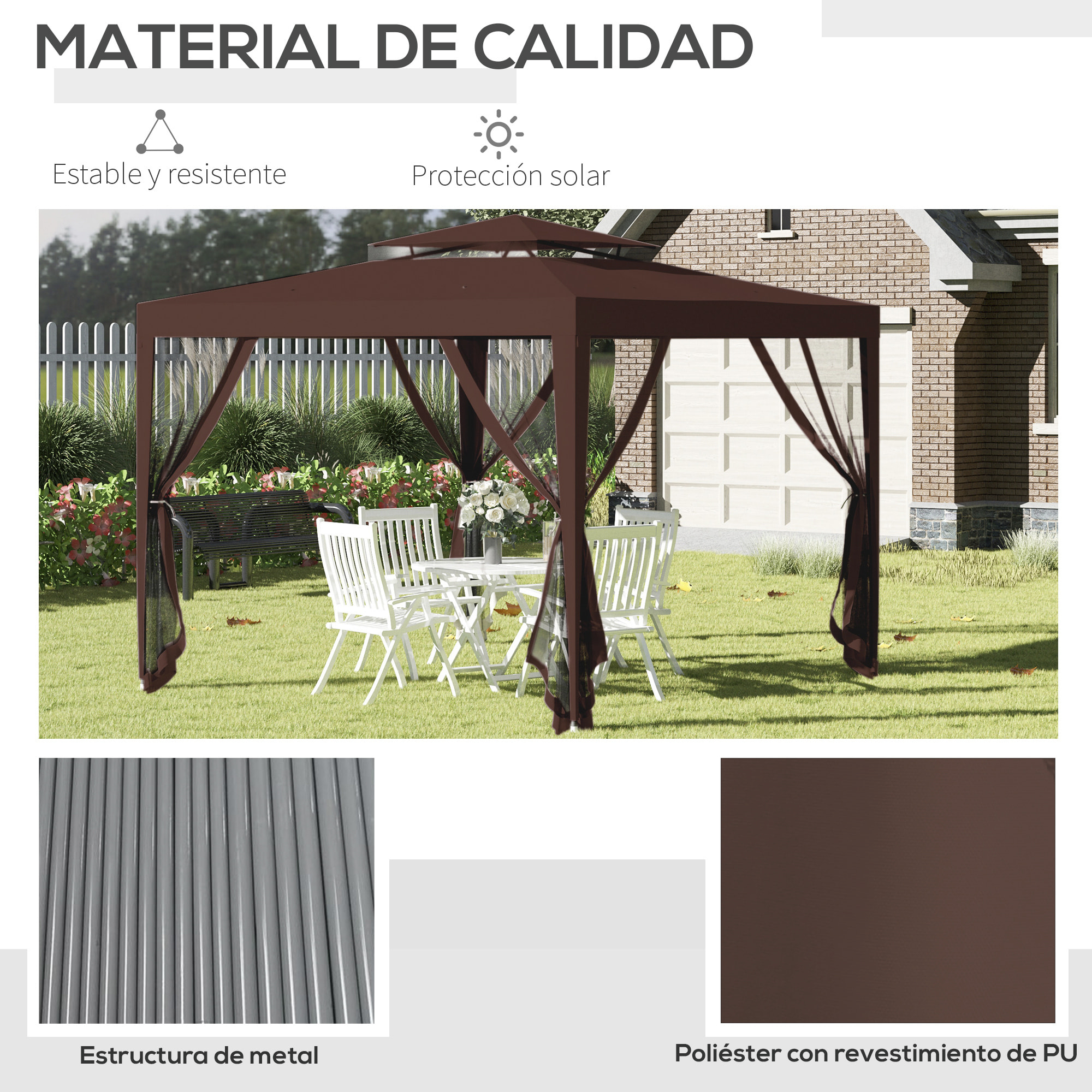 Carpa de Jardín 3x3 m Cenador Desmontable de Exterior Gazebo con 4 Mosquiteras Laterales Techo Doble y Marco Metálico Anti-UV Impermeable Pabellón para Terraza Patio Marrón