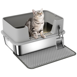 Arenero para Gatos de Acero Inoxidable XL Caja de Arena para Gatos Arenero con Borde Alto Alfombrilla Pala Fácil de Limpiar Prueba de Fugas 60x40x29,5 cm Gris