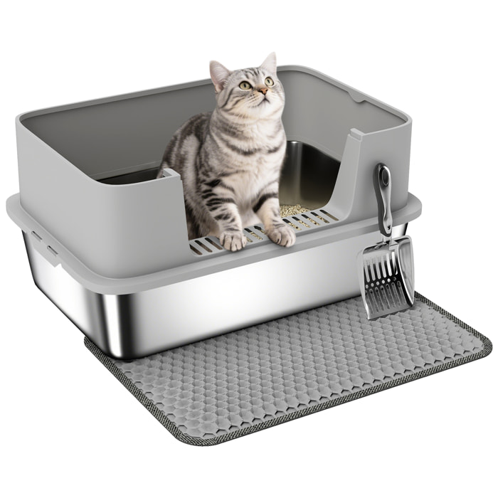 Arenero para Gatos de Acero Inoxidable XL Caja de Arena para Gatos Arenero con Borde Alto Alfombrilla Pala Fácil de Limpiar Prueba de Fugas 60x40x29,5 cm Gris