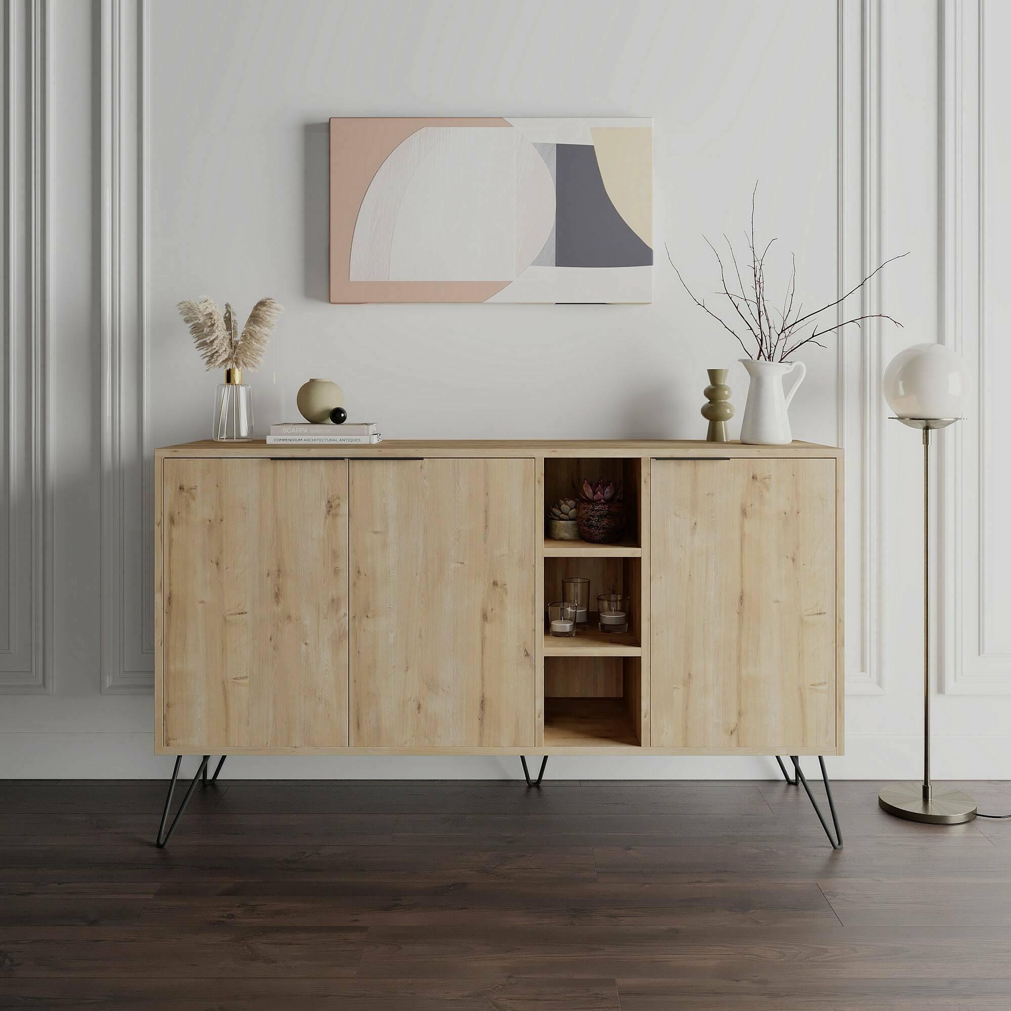 Credenza Dpenz, Buffet da soggiorno, Madia da salotto, Dispensa da cucina, 142x36h83 cm, Quercia