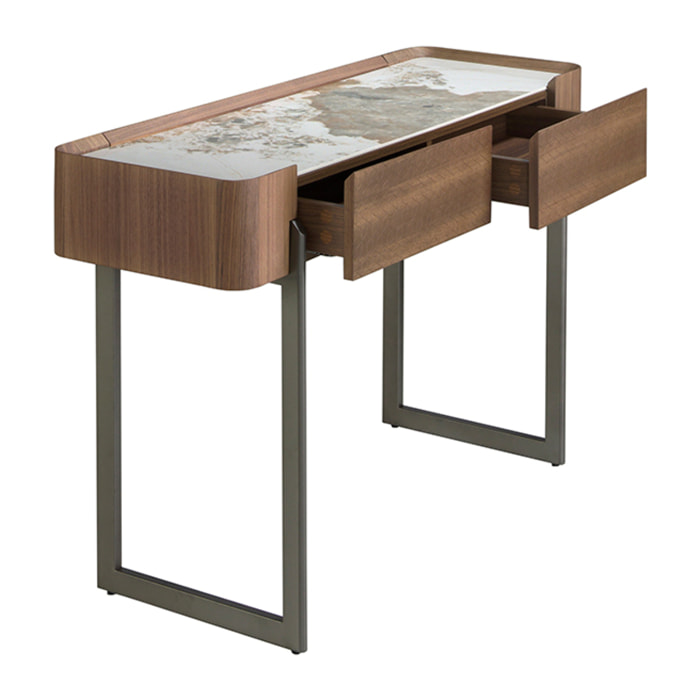 Consola rectangular en madera chapada en nogal natural y tapa de mármol porcelánico blanco con vetas en tonos tierra en brillo 120x40x76cm
