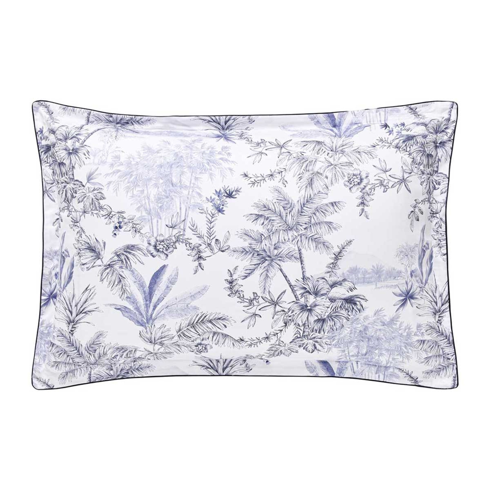 Taie d'oreiller imprimée en satin de coton bio, RIVAGES, Bleu de chine