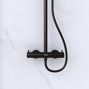 Paroi de Douche 120 cm Sérigraphie Noire et Receveur Blanc 80x120 + Colonne de Douche Thermostatique