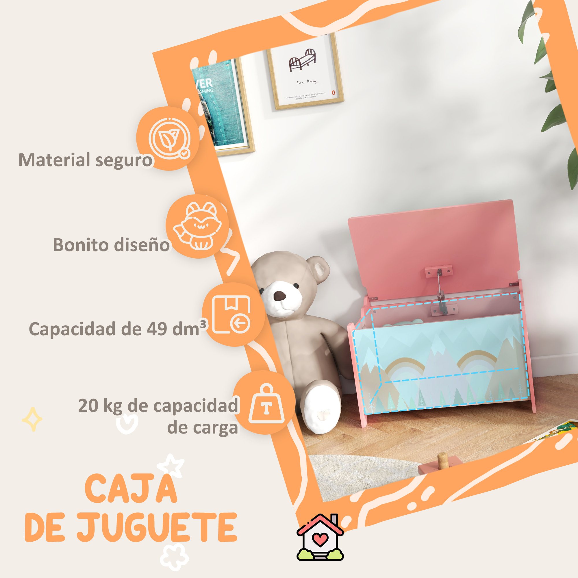 Cajas de Almacenamiento Cajas de Juguetes para Niños de 3 a 8 Años con 2 Asas y Estampado de Zorro Carga 20 kg para Libros Ropas en Dormitorio Salón Comedor 60x37x39 cm Rosa