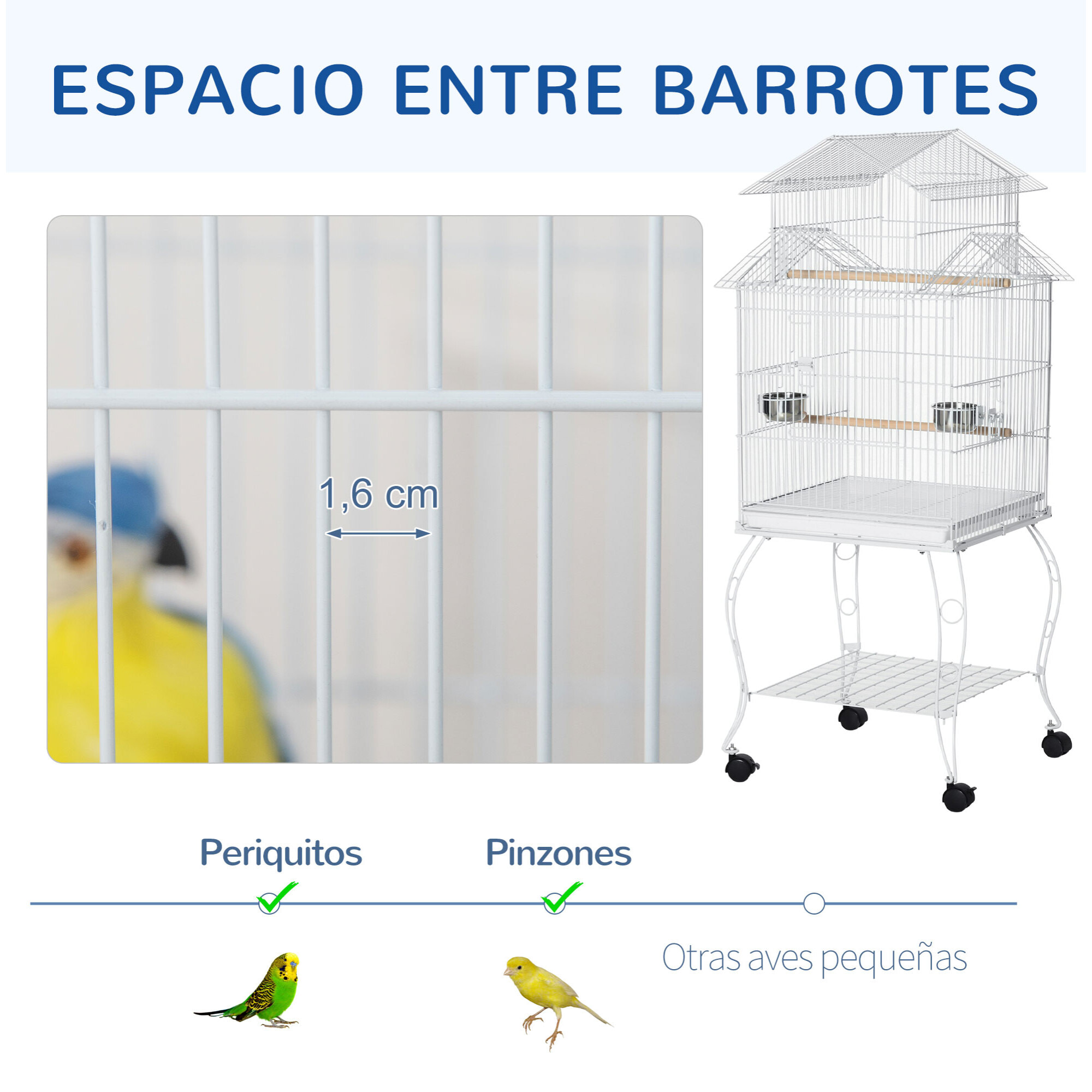 Jaula para Pájaros con Ruedas 50x49x137cm con Bandeja Extraíble Comederos Blanco