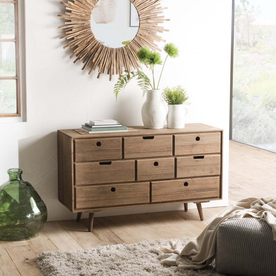 ANDREW - Commode scandi bois marron 8 tiroirs Sapin