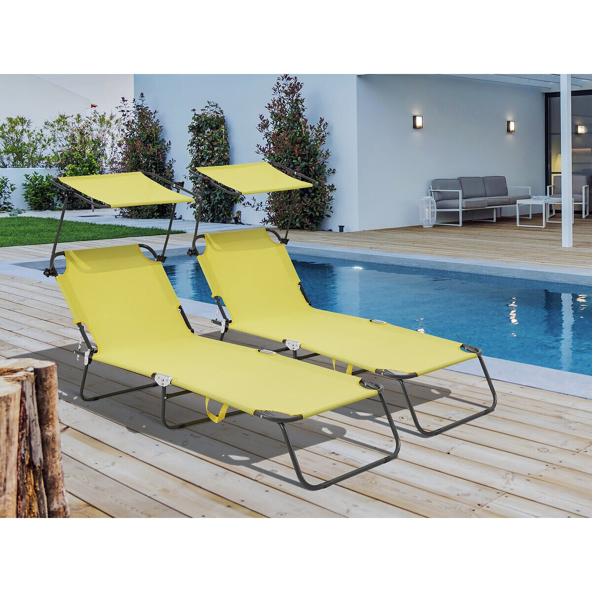 Lt de 2 bains de soleil pliable "Lazy" - Avec pare soleil - Jaune