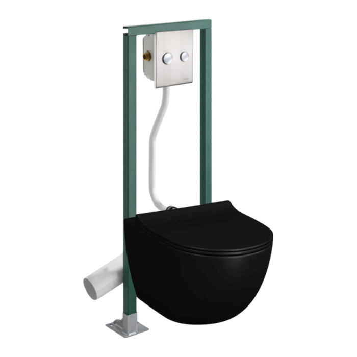 Pack WC suspendu sans bride Sento noir mat  + Abattant frein de chute + Bâti-support autoportant PRESTO + Plaque chromée