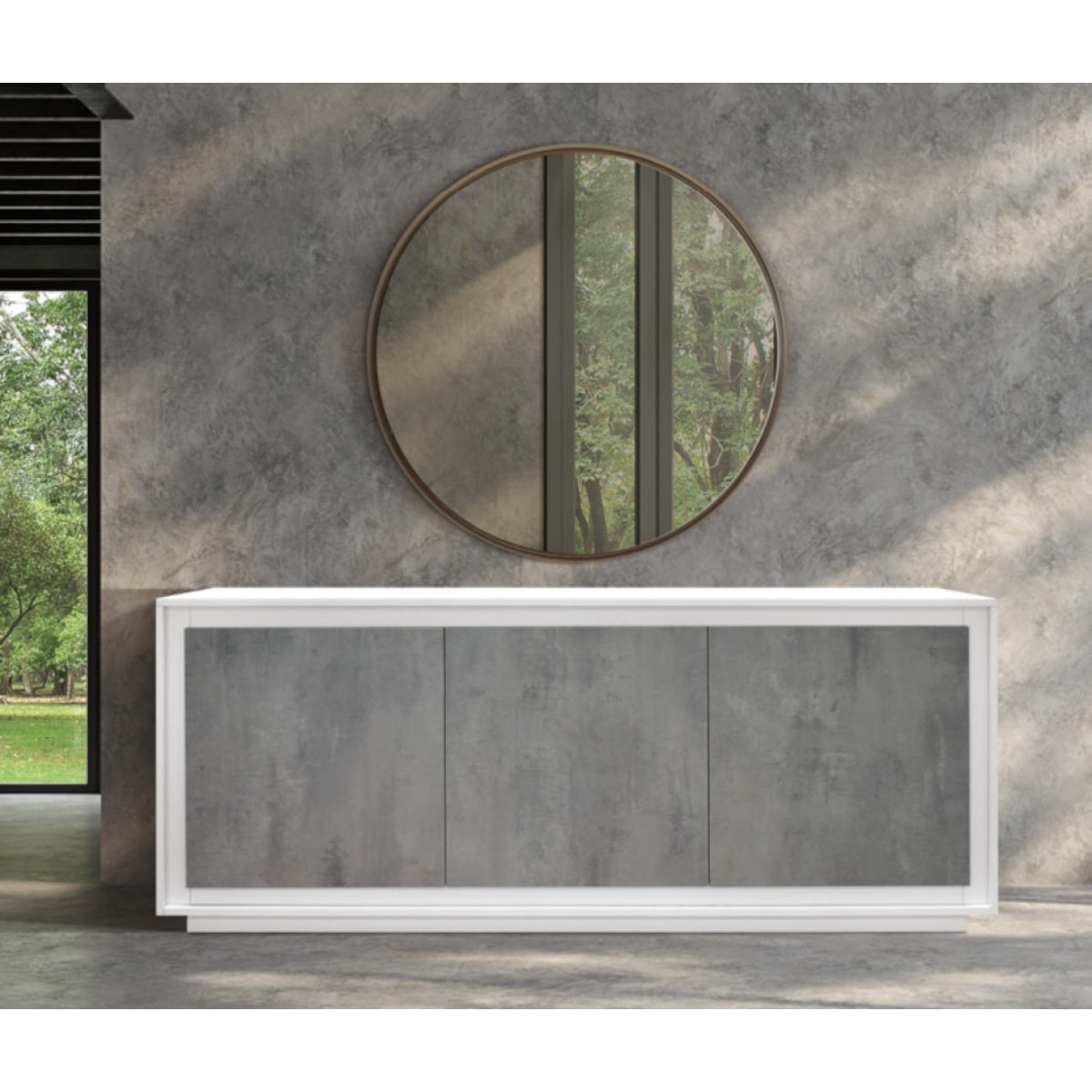 Credenza LAMPEDUSA in legno, finitura bianco frassinato, ante finitura grigio cemento, 180x50 cm