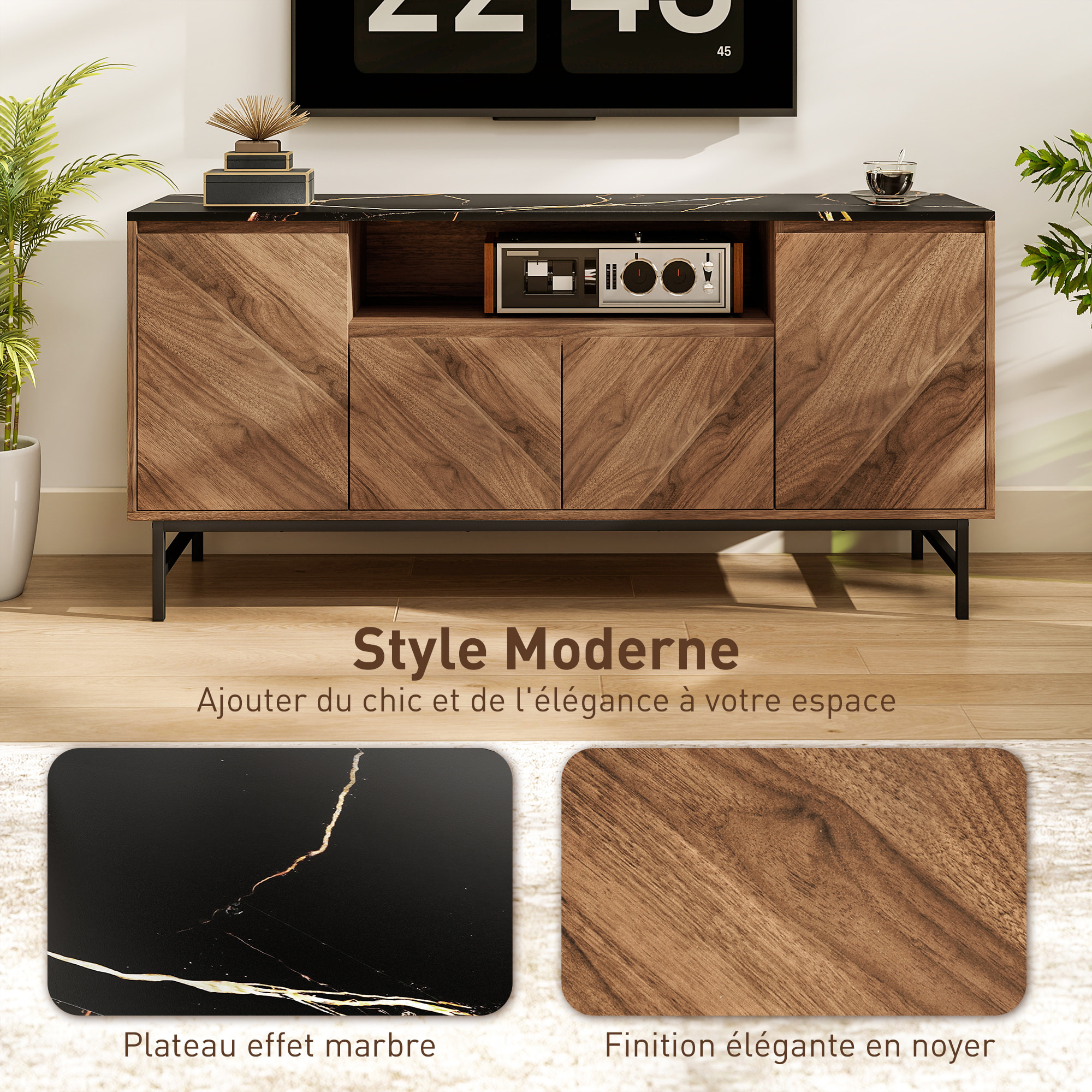 Meuble TV jusqu'à 65 pouces meuble télé aspect bois avec compartiment ouvert, portes, étagères réglables et passe-câbles, 140x39x66cm