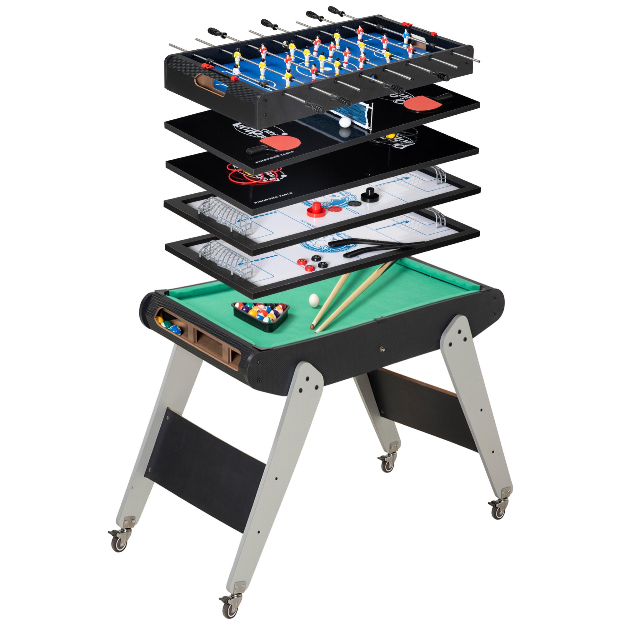 Mesa Multijuegos 6 en 1 con Ruedas Billar Futbolín PingPong Hockey 120x88x79 cm