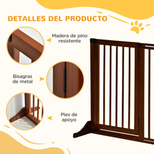 Barrera para Perros Extensible Barrera de Seguridad para Perros de 3 Paneles con Longitud Ajustable Marco de Madera y Soporte de Pie 113-166x36x71 cm Marrón