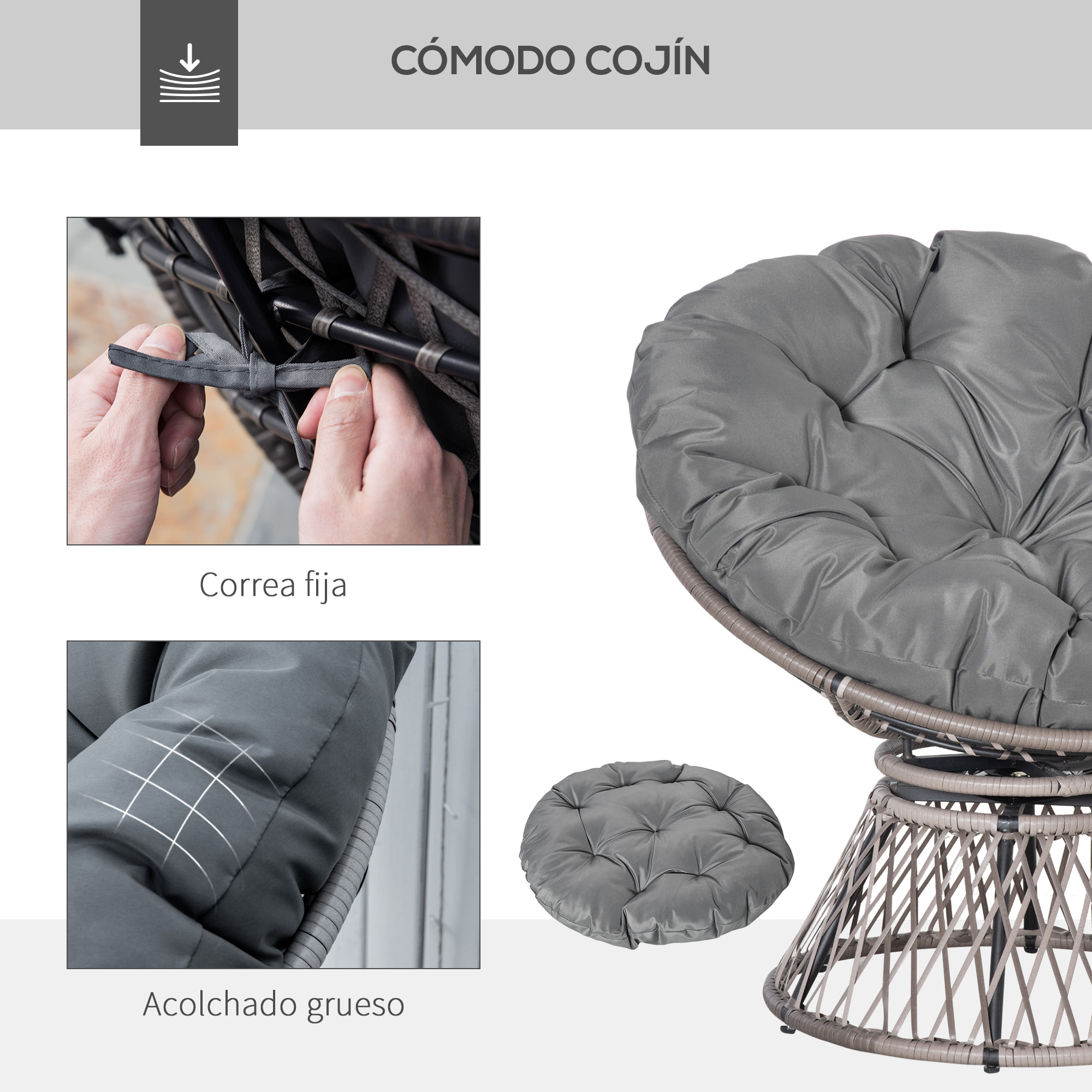 Sillón Papasan Giratorio de Ratán Sintético Silla Ovalada de Mimbre PE con Cojín y Marco de Acero Carga 160 kg para Jardín Patio Terraza 87x97x86 cm Gris