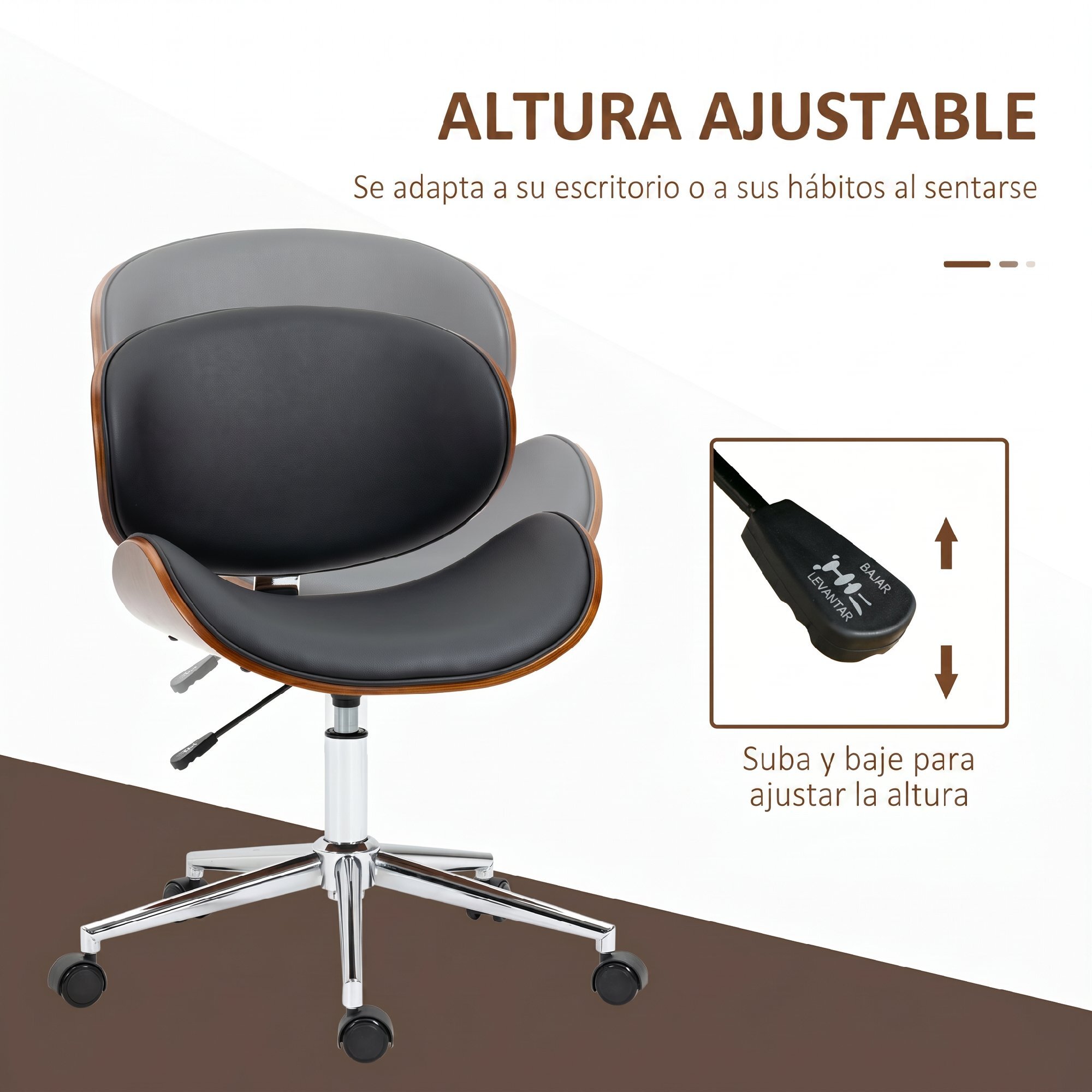 Vinsetto Silla de Oficina con Ruedas, Silla de Escritorio Tapizada en PU con Asiento Ancho y Curvado de Madera, Respaldo Acolchado, Altura Ajustable, Diseño sin Brazos, para Casa, Oficina, Negro