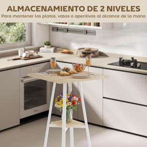 Mesa Alta Cocina Cuadrada con Estante, Mesa Alta Bar para 2 Personas, Patas de Metal, para Salón Comedor, 55x55x95 cm, Madera Natural y Blanco