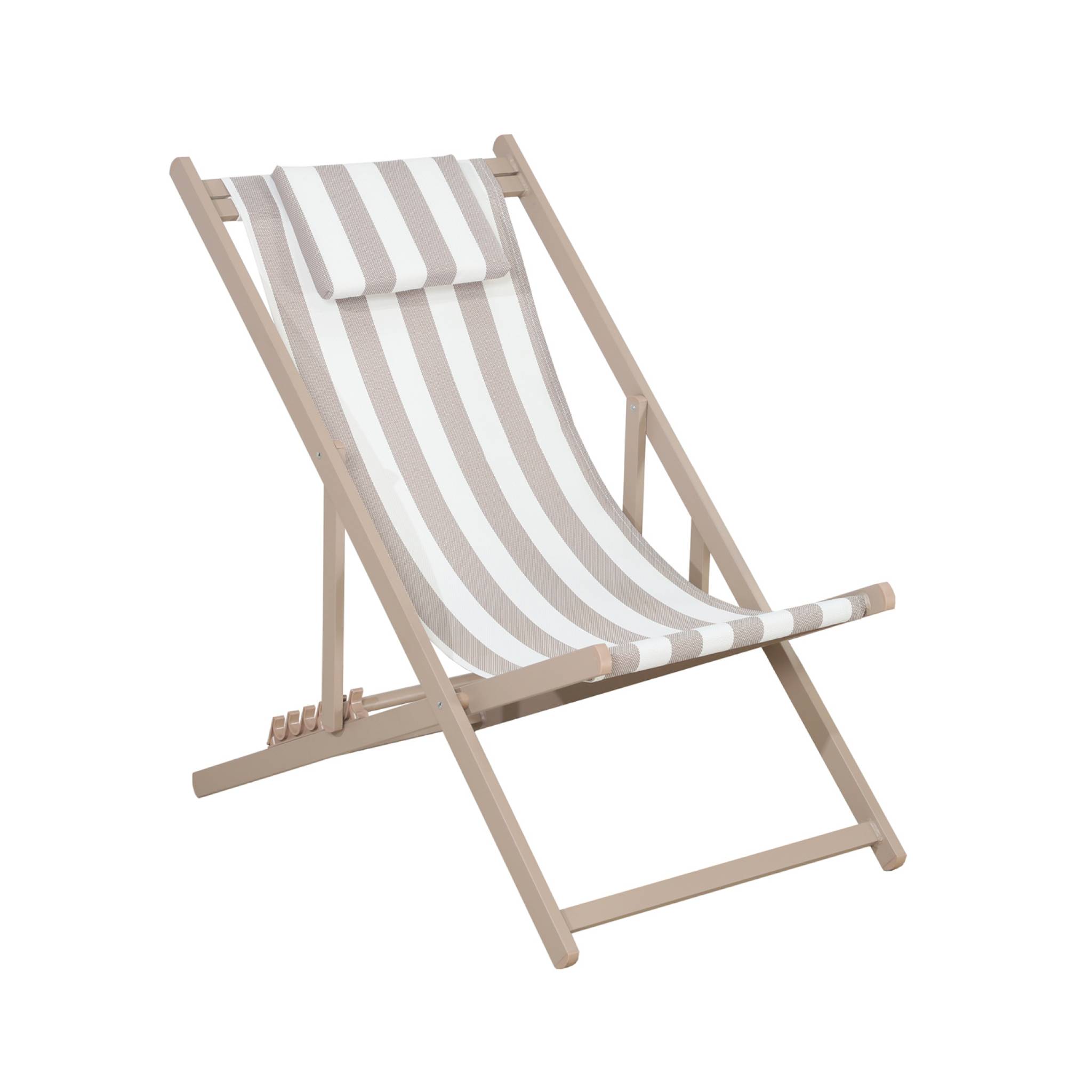 Lot de 2 bains de soleil - Gaia rayures marron - Transat en aluminium gris anthracite et textilene rayures marron avec coussin repose tête. chilienne